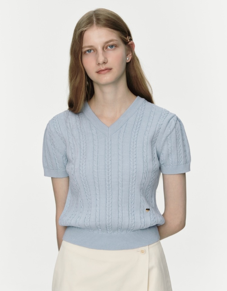 puff sleeve cable knit - light blue