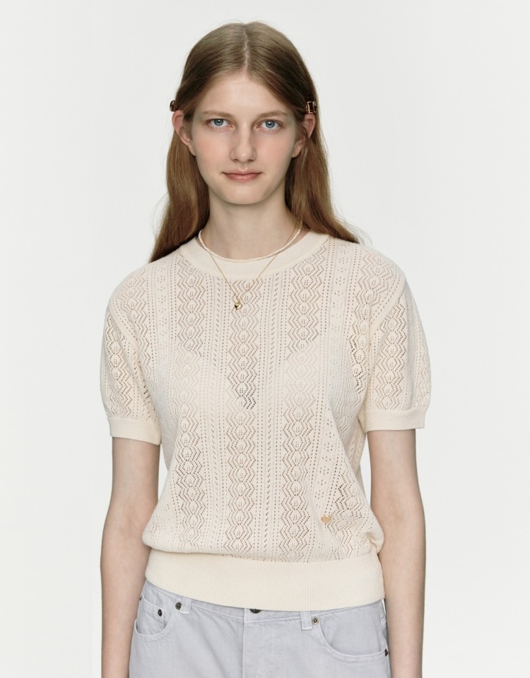 linen crochet half sleeve knit - ivory