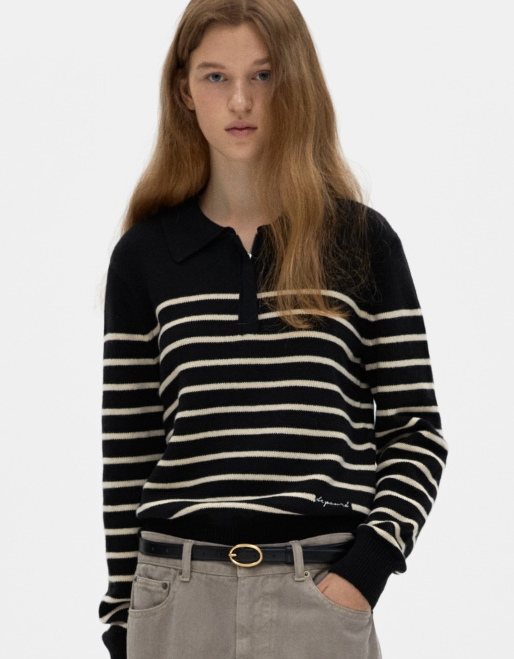 stripe collar pullover - black